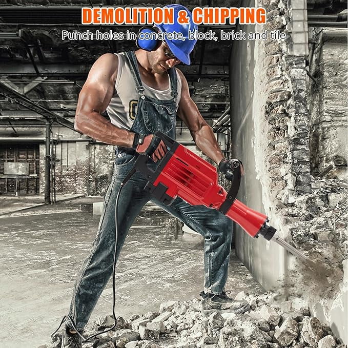 3600W Demolition Jack Hammer Metal Concrete Breaker Jack Hammer Electric Tool Kit, 2pcs Piece Bit Set W/Case, Noise-Canceling Earplug, Shoulder Strap
