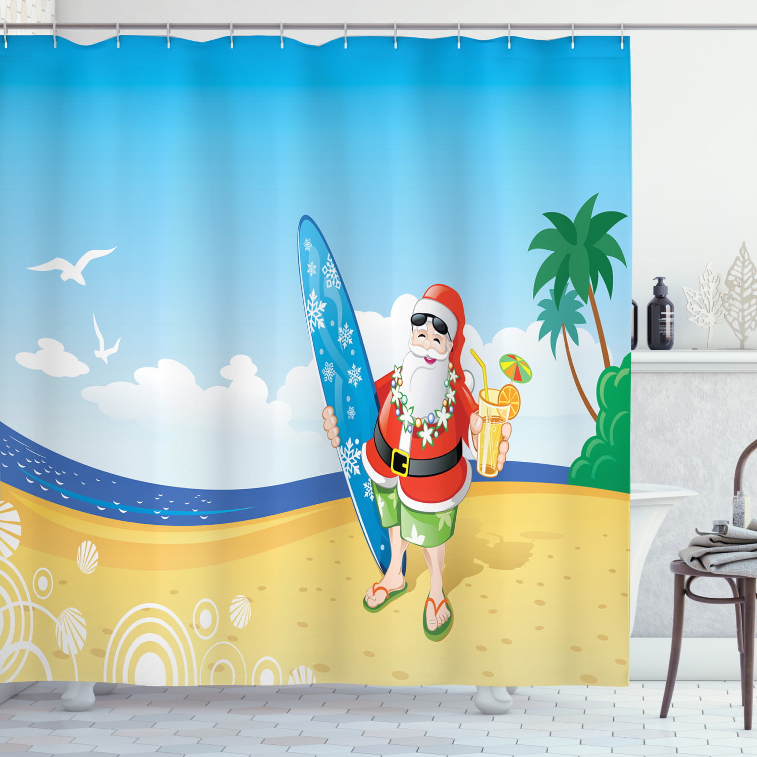Christmas Sleigh Santa Claus Shower Curtain Bathroom Set Polyester Fabric Hooks 