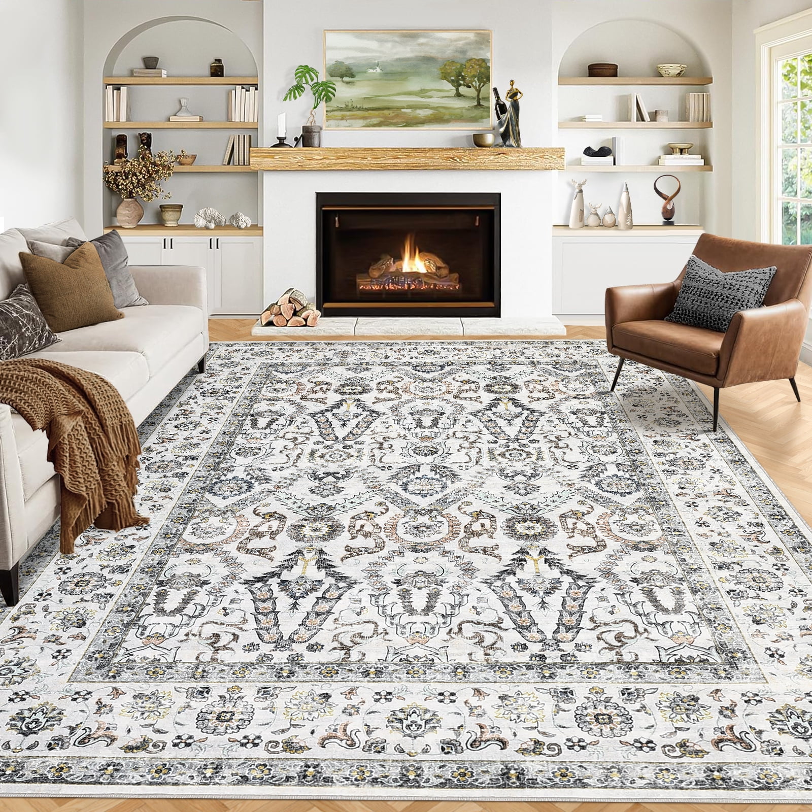 Garvee 6x9 Persian Vintage Area Rug, Washable Low Pile with Non-Slip Backing, Kid & Pet Friendly Carpet for Living Room, Bedroom, Light Gray
