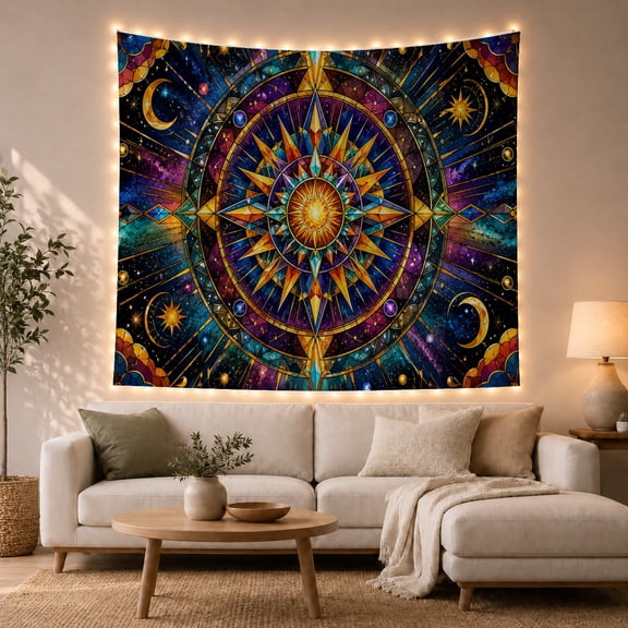 Celestial Stained Glass Mandala Sun in Deep Cosmic Galaxy, Mystical Boho for Space Lovers Cosmic Art Decor Housewarming Gift Tapestry Wall Hanging for Bedroom and Living Room