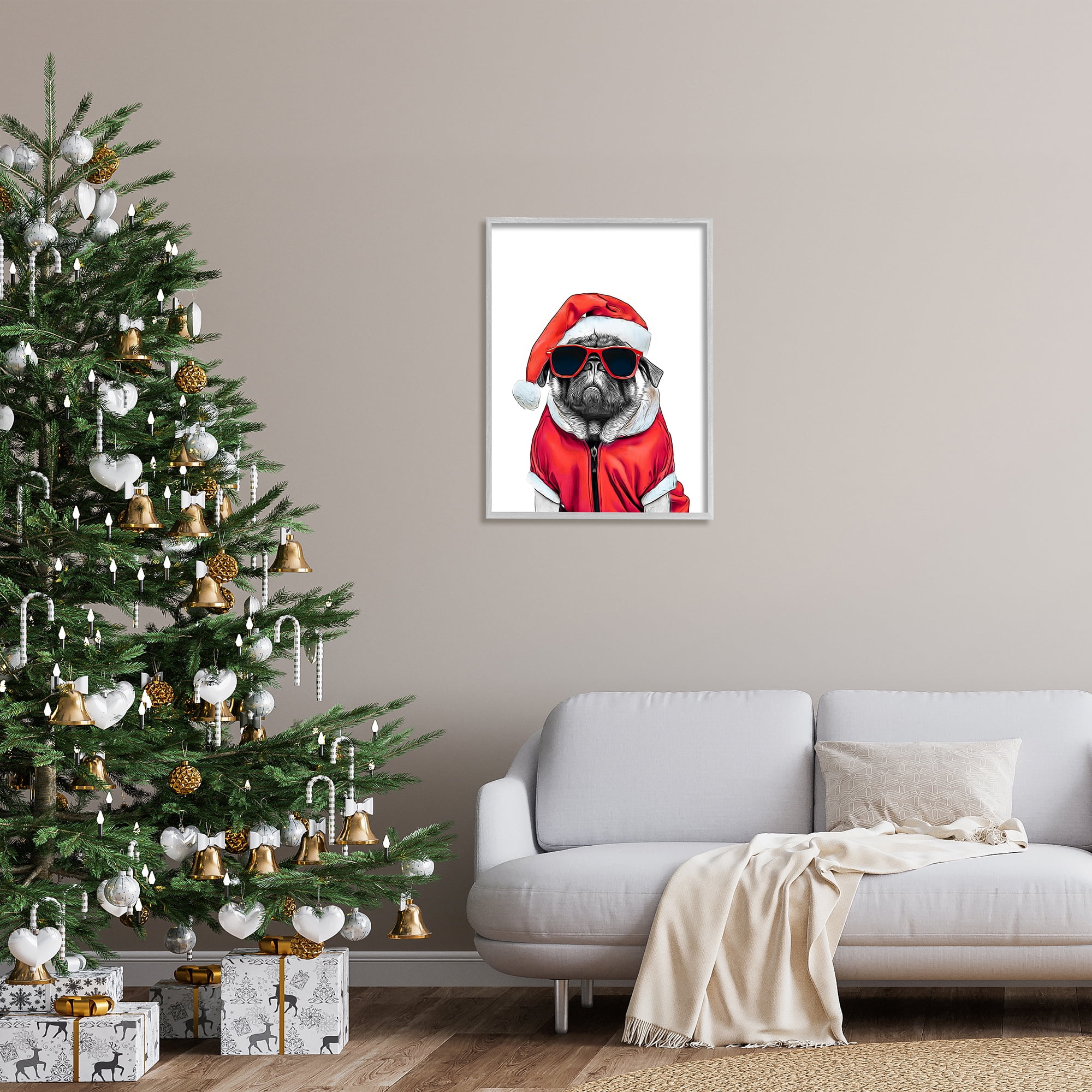 Stupell Industries Funny Pug Santa Hat Holiday Painting Gray Framed Art Print Wall Art, 24 x 30