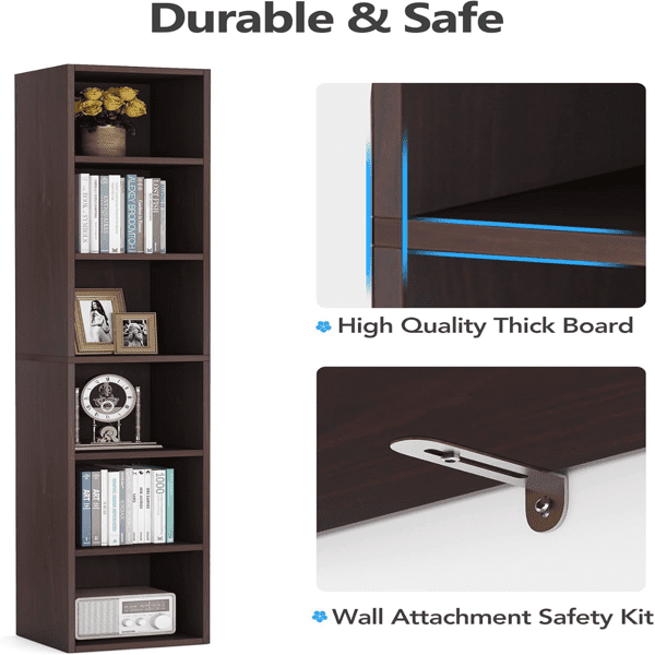 70.9" Narrow Tall 6-Tier Cube Bookcase, 30lbs/Shelf, High-Quality MDF + 2 Anti-Tip Kits, Multi-Room Storage for Living Room, Bedroom, Bathroom