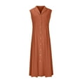 thumbnail image 4 of Womens V Neck Midi Linen Dress Long Lapel Collared Sleeveless Full Button Down Maxi Dresses Petite Party Shirt Dresses Camel XXL, 4 of 6