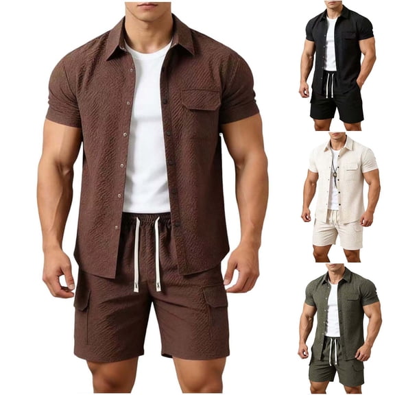 Dianli Men's Solid Color Casual Loose Sports Elastic Waist Shorts and Double Pocket Lapel Half Button Top Set, Relaxed Fit Beachwear, Button Front Two Piece Summer Fashion Suit Pink M