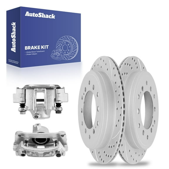 AutoShack Rear Drilled & Slotted Brake Rotors Calipers | Replacement for 2010-2014 Toyota FJ Cruiser 4.0L V6 4WD RWD | Silver Coated | 4-PC Brake Kit | TurboGuard