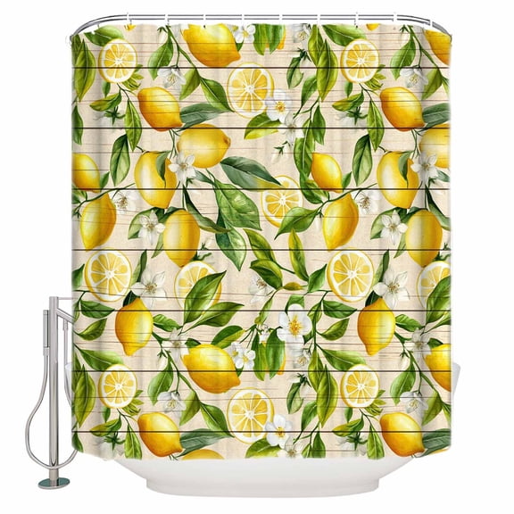 Shower Curtain Bathroom Set Farm Fruits Lemon Floral Waterproof Fabric Shower Curtains with Grommets&Hooks Yellow Wood Texture Privacy Bath Curtain for Bathtub 36x72in