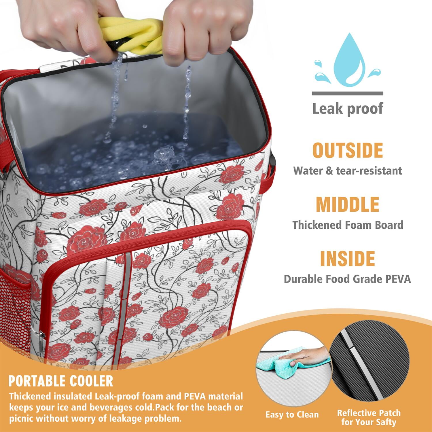 Travel Cooler Bag - Pioneer Flower Floral Print Pattern Camping Beer Cooler Backpack with Bottle Opener- Waterproof Insulated Picnic Backpacks - Cooler Bag for Beach