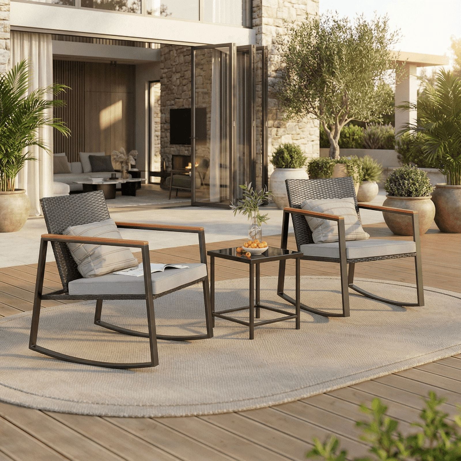 Aiho 3 Pieces Rocking Patio Furniture Set, Wicker Outdoor Chair Set with Coffee Table for Garden, Gray
