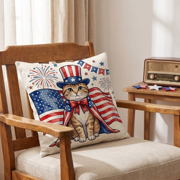 YiFudd Independence Day Throw Pillow Cover, Cute Cat Print For 4th Of July, Patriotic Sofa Decor