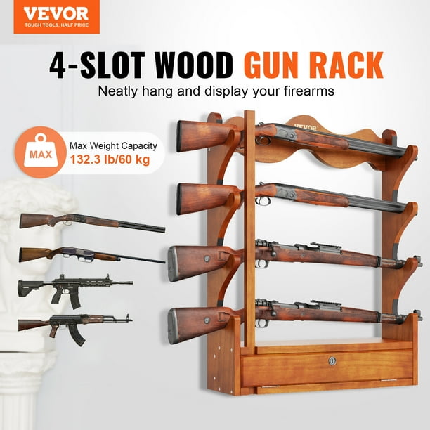 VEVOE Estante para armas, soporte de pared para armas de madera, estante para exhibición de armas con capacidad para 4 rifles, escopetas, estante para rifles de almacenamiento de pared resistente de 1