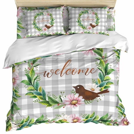 Spring Botanical Set of 4 Bedding Quilt Covers Garden Birds Floral Leaves Gray Plaid 4-Piece Bed Sheet Set with Extra Soft Bed Sheets Quilt Cover Pillowcase California King
