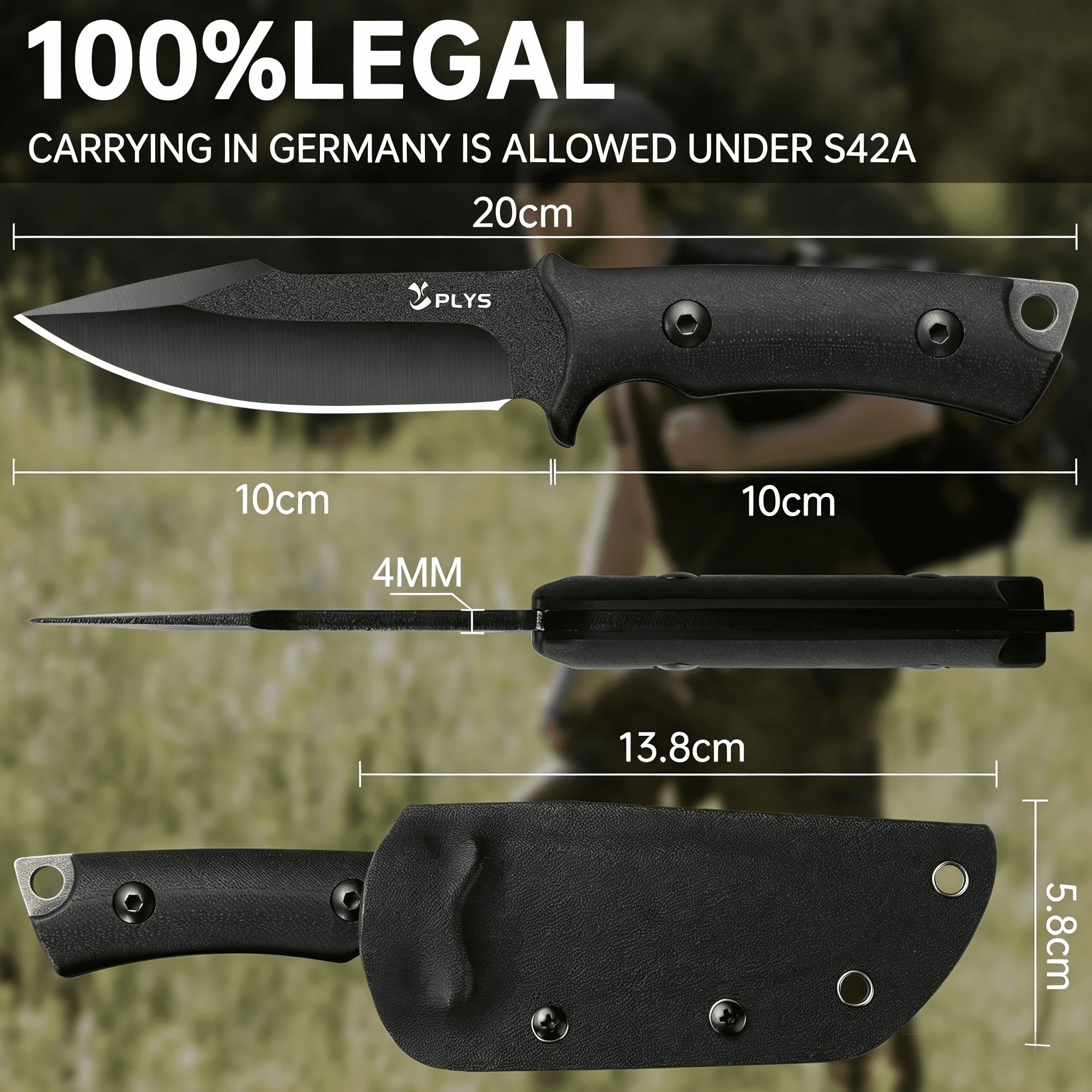 Plys 3.6 inch Fixed Blade Camping Knife, Full Tang Outdoor Tactical Knives with Kydex Sheath, G10 Handle, Hunting Hiking Essentials Gear