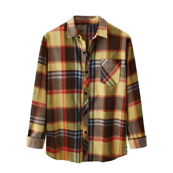Autumn Men's Plaid Single Side Pocket Shirt Casual Lapel Button Cardigan Shirt Fashion Daily Wear