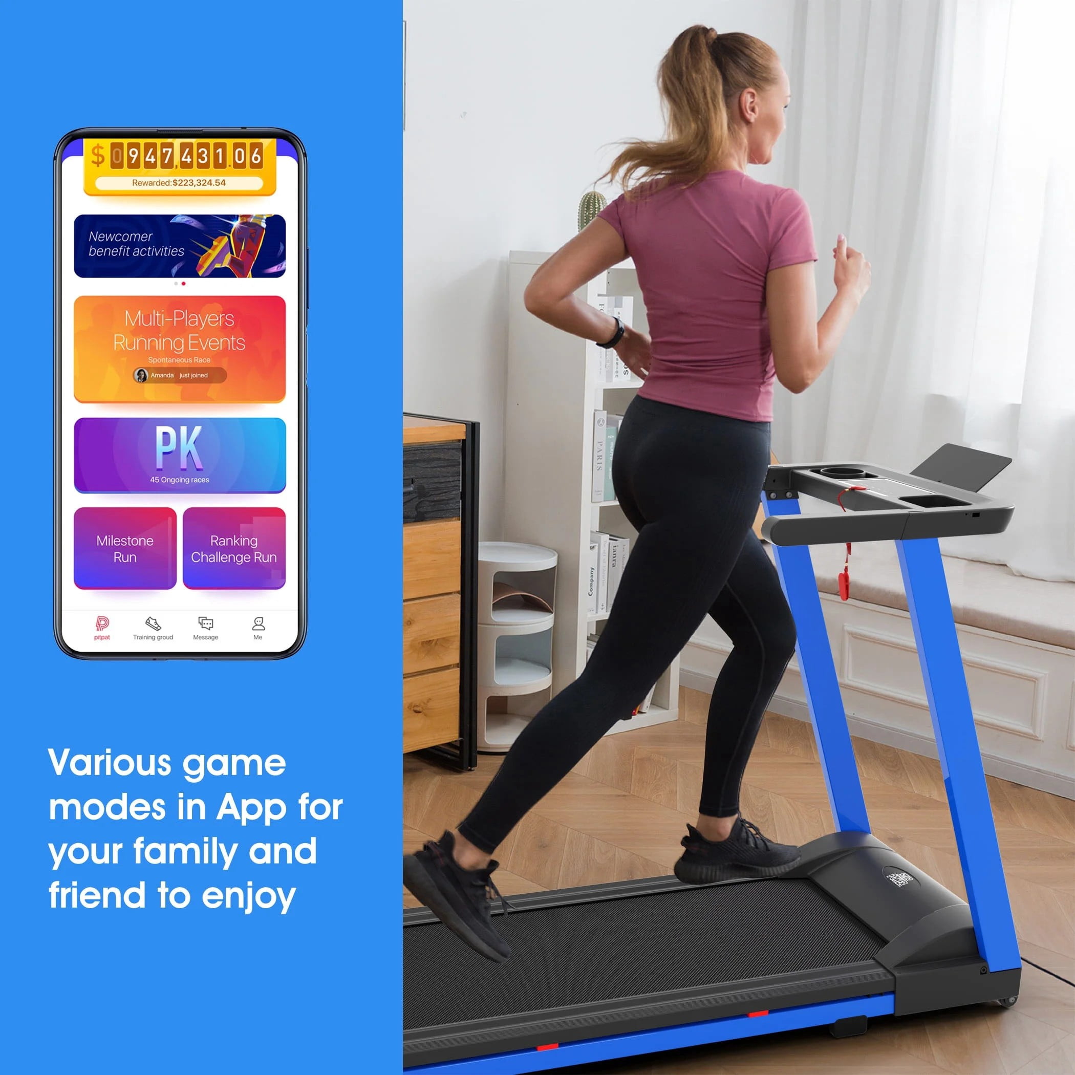 SSPHPPLIE 3HP Folding Treadmill for Home, APP Control , 300LB Walking Pad Running Data Analysis（Blue）
