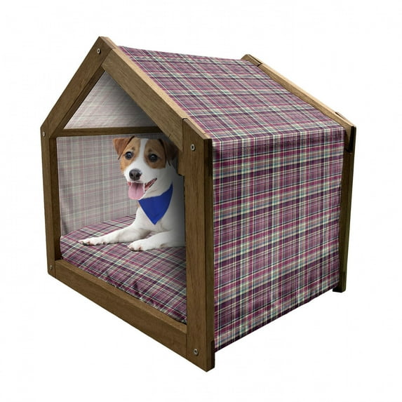Checkered Pet House, Vintage Scotland Pattern in Purple Tones Abstract Retro Traditional Tile, Outdoor & Indoor Portable Dog Kennel with Pillow and Cover, 5 Sizes, Cream Blue Purple, by Ambesonne