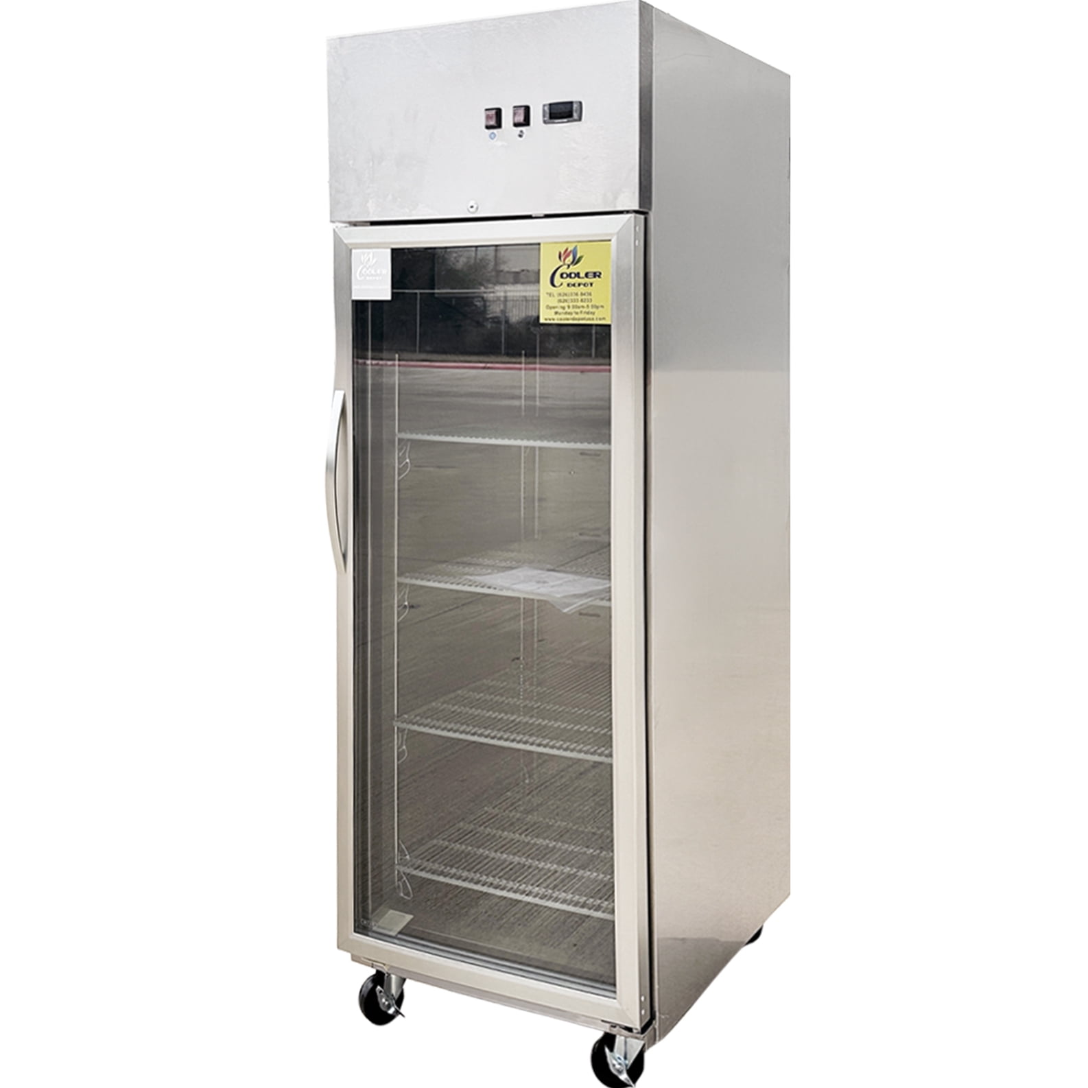 NSF 19 Cu Ft Single Door Commercial Glass Refrigerator Top Mount LED, Stainless Steel Reach In