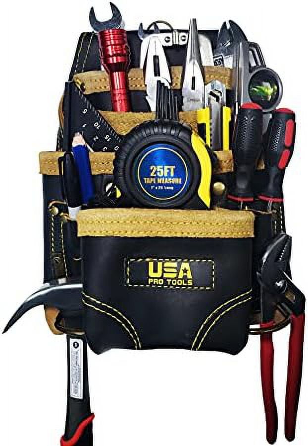 Carpenters Leather Tool Pouch Bag | Ideal For Electricians, Framers And Handyman | 10 Pockets With 2 Hammers Holders