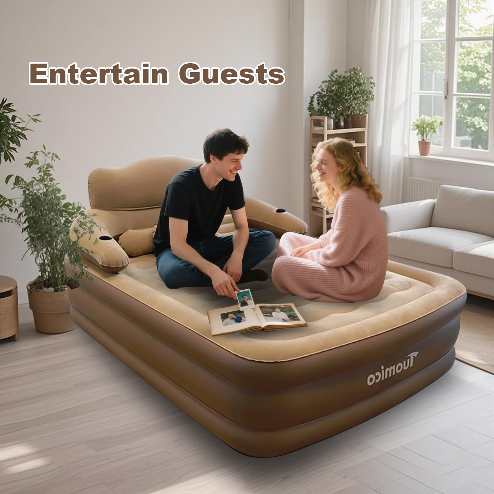 KFeng 18in Queen Brown Inflatable Air Mattress with Headboard,Built-in & Removable Pump,Camping & Home Use