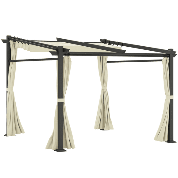10' x 10' Metal Pergola with Retractable Sliding Roof Canopy and 4 Removable Curtains, Beige Powder-Coated Steel Gazebo for Backyard, Garden, Patio and Outdoor Living Space