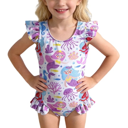 NAFUU Toddler And Little Girls Swimsuit Sets One-Piece Bathing Suit Long Sleeve Cartoon Printed Swim Wear Tankini Swimsuits For Girls Sizes 4-5 Years