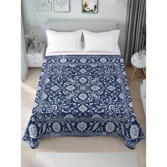 Queen Flat Sheet Only Navy Blue Paisley Floral Texture Soft Microfiber Cooling Bedding Sheets Vintage Tribe Flower Flat Bed Sheet