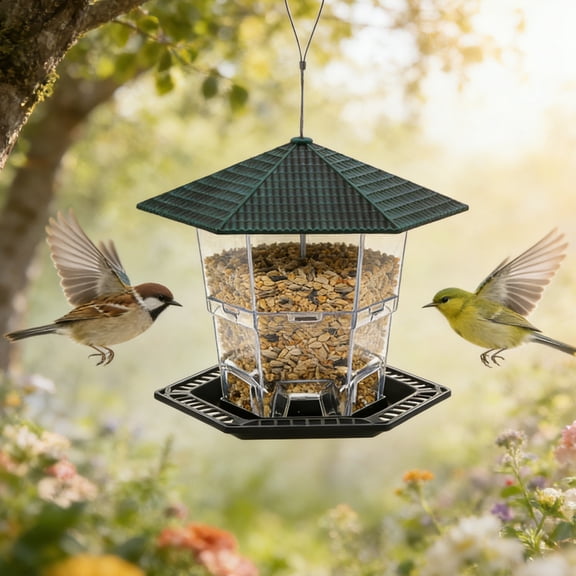 Bird Feeder for Outdoor Hanging, Clear Hexagon Plastic Seed Feeder with Rainproof Roof & Multi Perch Tray, Weather Resistant Hanging Bird Food Dispenser for Yard Garden Patio Backyard