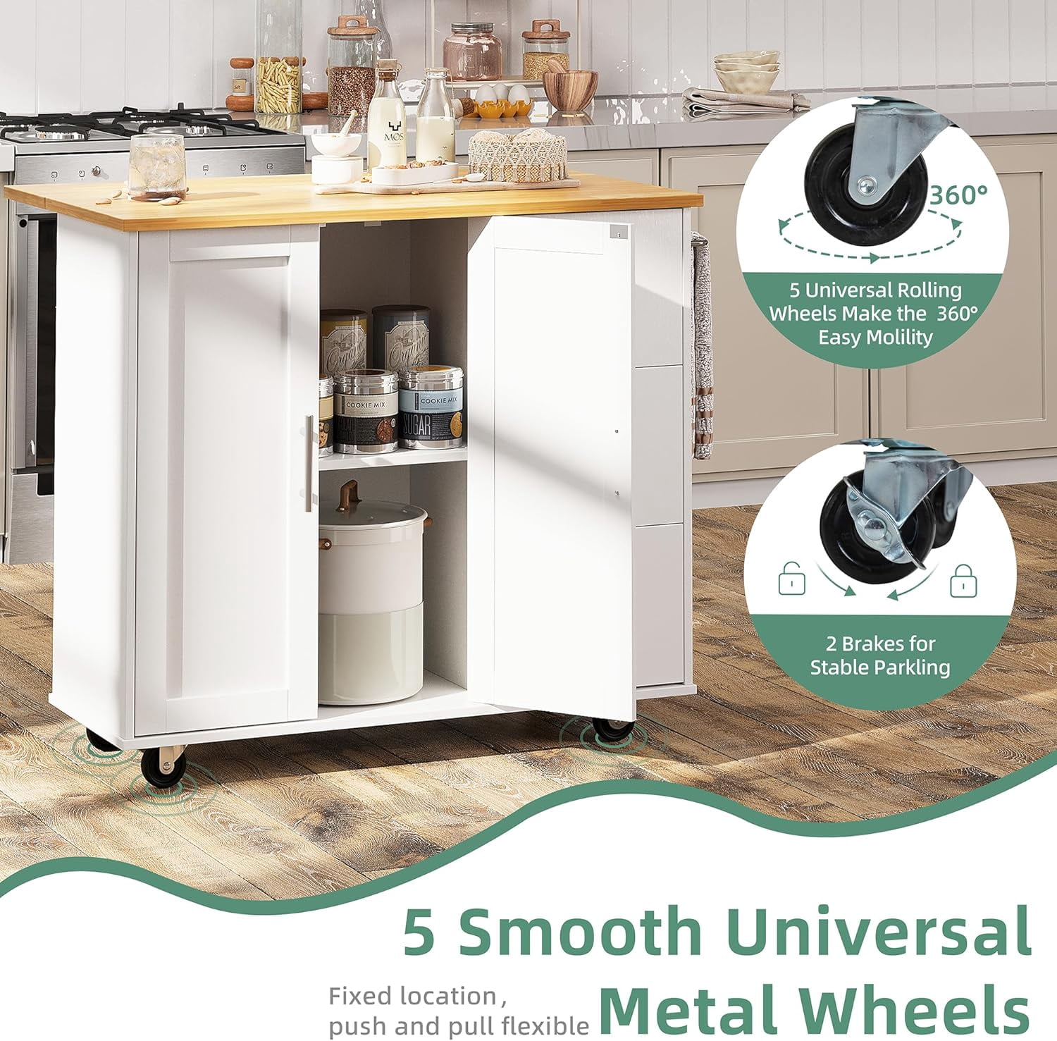 Sobaniilo Rolling Kitchen Island Cart with Folding Drop Leaf Breakfast Bar, Portable Trolley Island with Large Storage Cabinet, Shelf and Drawer, White