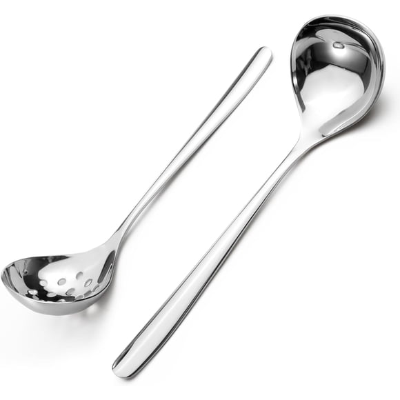 MISSUNNY 2Pcs Small Ladle and Slotted Spoon, Heavy Duty 304 Stainless Steel Gravy Ladle Mini Soup for Serving, Skimmer Strainer Spoon with Holes, Silver