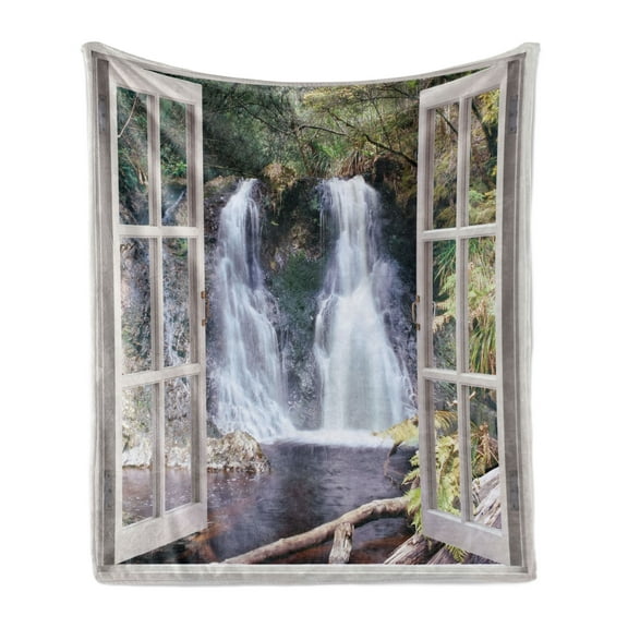 Waterfall Soft Flannel Fleece Blanket, Little Waterfall Nestled in the National Park Panoramic Fresh Environment River, Cozy Plush for Indoor and Outdoor Use, 50" x 60", Brown Green, by Ambesonne