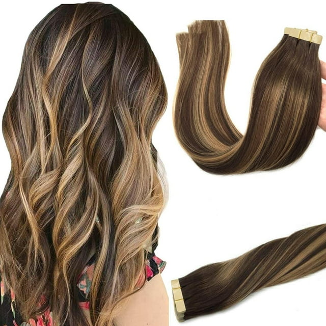 GOO GOO Extensiones de cabello humano con cinta adhesiva 4/27/4 Balayage marrón chocolate a rubio caramelo 24 pulgadas 1.76 oz 20 piezas extremos gruesos cinta recta sin costuras en extensiones de cab