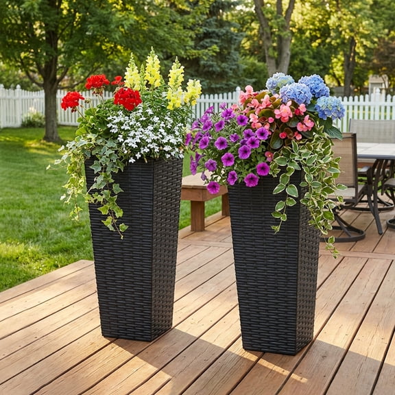 FvMuCore 2Pcs Outdoor Tall Planter, Resin Tall Planter for Large Plants Set of 2 with Drainage Holes Removable Inner Pot for Garden Patio