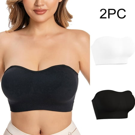 Crunowin Women s Tube Top Bra 2 Pack  Traceless Solid Color No Underwire Breathable Comfort Strapless Underwear Black M