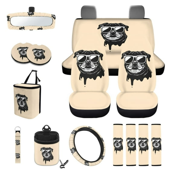 Garronmavis Dog with Sunglasses 15 Pcs Car Accessories Set Auto Interior Decor Car Seat Covers Steering Wheel Cover Keychain Car Trash Can Car Dash Accessories Rearview Mirror Cover Car Coasters