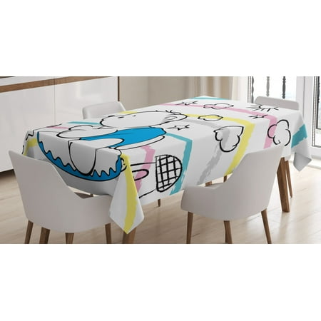 Cloud B Bear Bear Tablecloth, Children Kids Theme Cute Doodle Toy with Clouds Sun Moon and Houses Colorful Stripes, Rectangular Table Cover for Dining Room Kitchen, 60 X 90 Inches, Multicolor, by Ambesonne ()