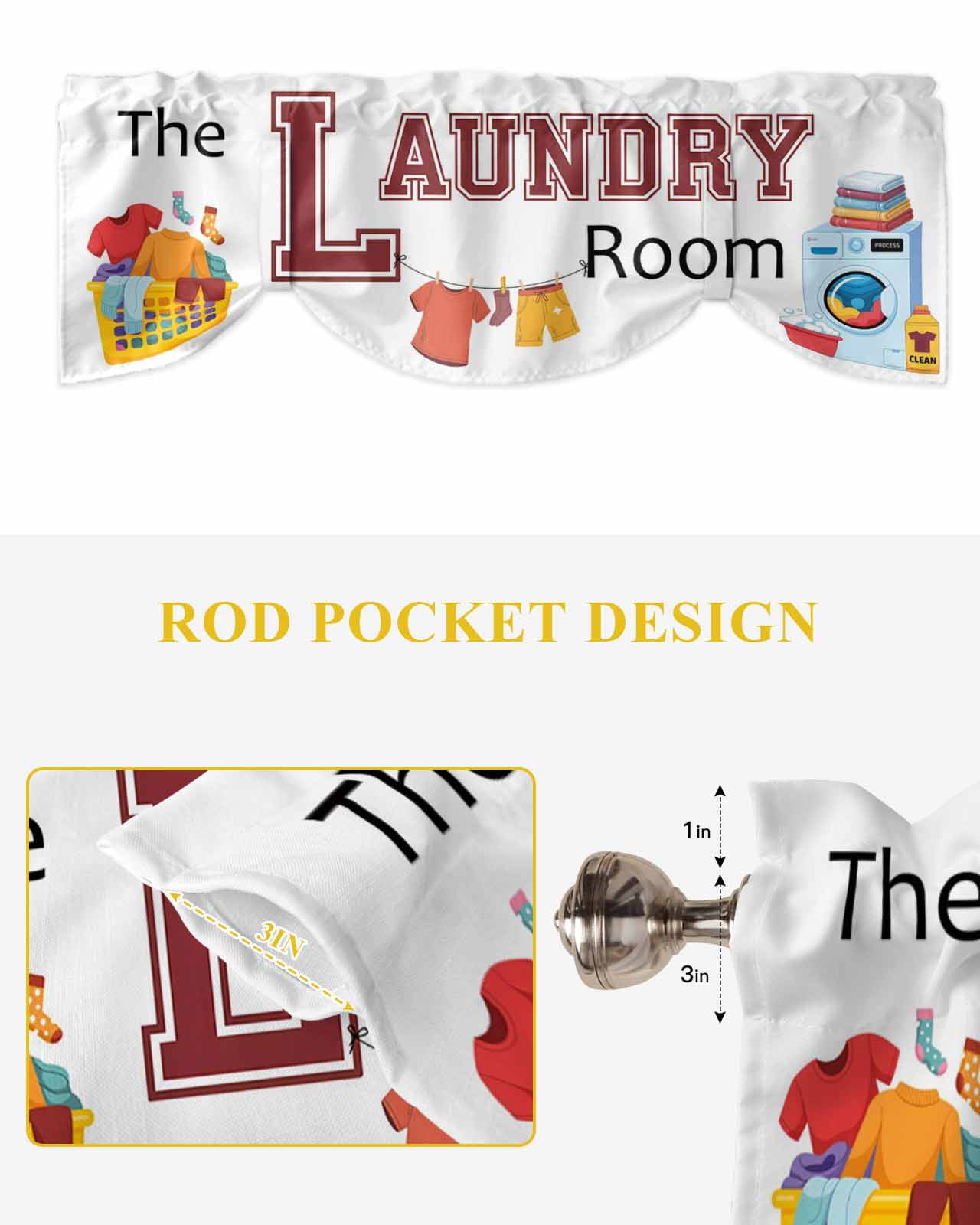 Laundry Tie Up Valances Curtain, Adjustable Kitchen The Laundry Room Valances for Windows Decor, Rod Pocket Short Curtains Set for Bedroom/Bathroom, 60"x18"