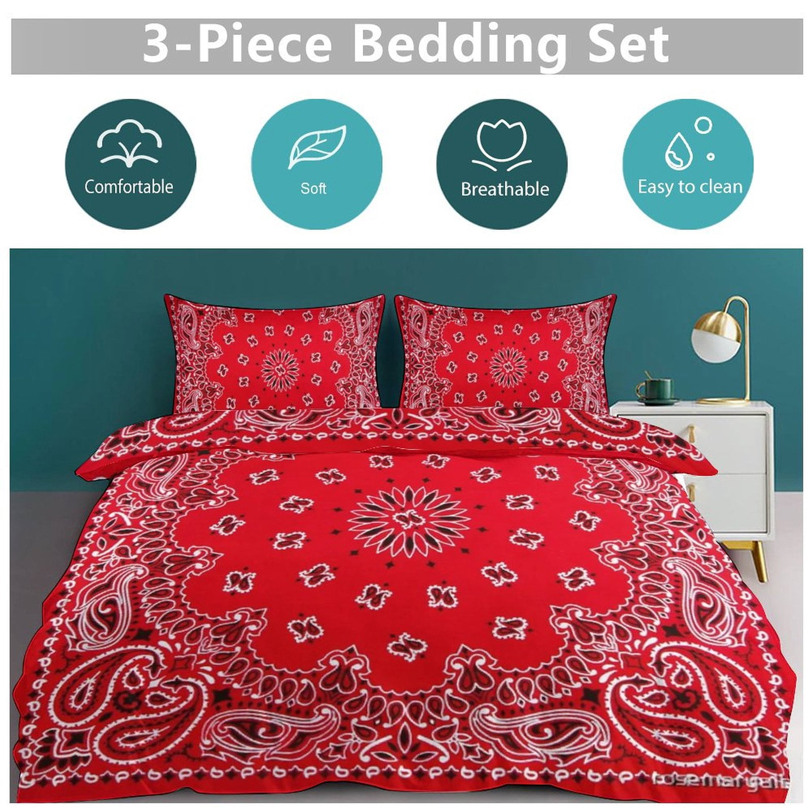 3 Pcs Soft Bedding Set, Includes 1 Duvet Cover with Zipper And 2 Pillow Shams,Bandana - Red Art Twin(86"x70")