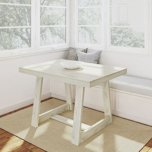 Plank Beam 48" Dining Table for 4, Classic Farmhouse Solid Wood Kitchen Table, White Sand Wirebrush