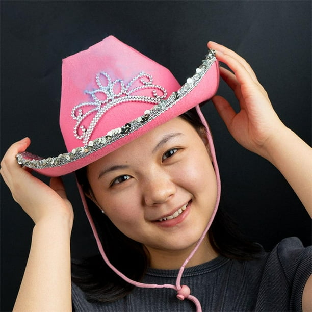 Sombrero de Vaquero Rosa - Sombrero de Princesa Rosa con Diseño de Corona - Visera de lentejues A de lentejues Macarena Sombrero de vaquero