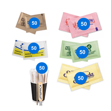 Sugar & Sweetener Packets Box, Premium pure sugar and Turbinado cane sugar, Stevia Leaf Extract, Pink sweetener saccharin, Yellow sweetener sucralose (50 packets each).