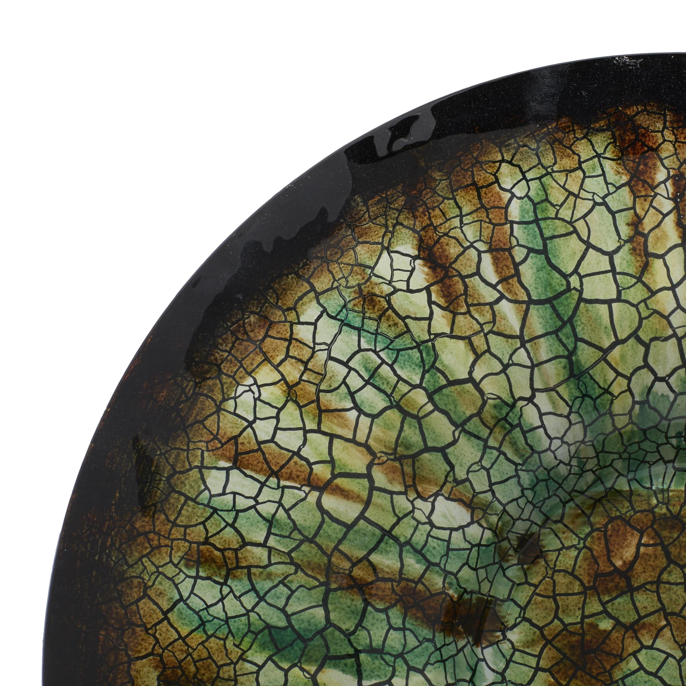 DecMode 18" Round Abstract Handmade Textured Plate Green Glass Charger with Black Display Stand