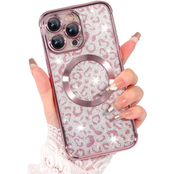 for Magnetic iPhone 15 Pro Max Case with Full Camera Lens Protector,Compatible with MagSafe,with Wrist Lanyard Strap,Glitter Cheetah Leopard Print Plating Phone Cover for Women Girls, Blue