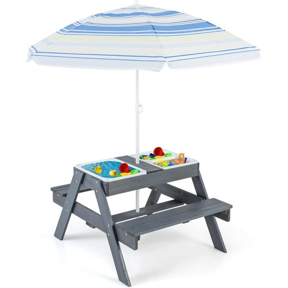 GLACER Kids Picnic Table, 4-in-1 Wood Water and Sand Table with 3 Removable Boxes with Lids and Adjustable Umbrella, Outdoor Activity Table and  Set for Patio, Backyard, Garden