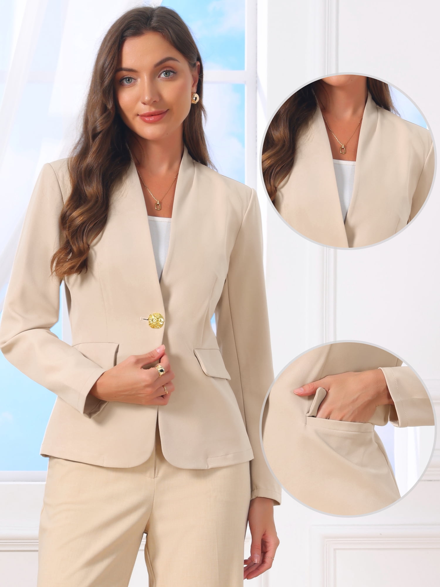 DARING DIVA Women's Office Single Breast Long Sleeve Collarless Blazer L Apricot