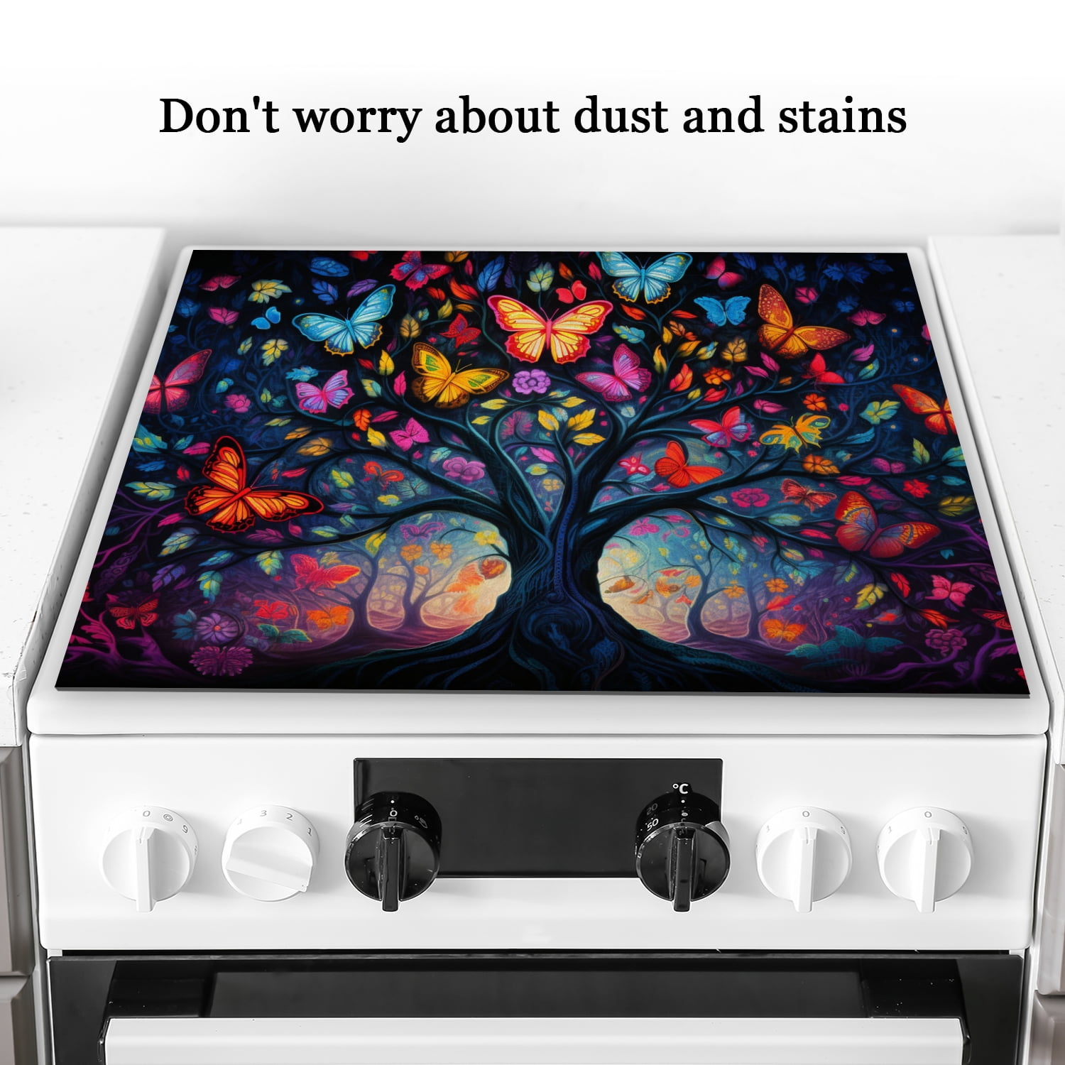 Square Stove Top Covers for Gas Burners, Butterfly Tree Heat Resistant Glass Induction Cooktop Protector Mat, Washable Foldable Range Cover for Kitchen RV (28×20 Inch)