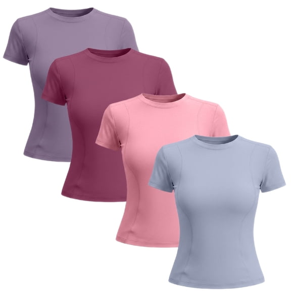 Women's 4 Pack Yoga Tops Slim Short Sleeve Crew Neck Breathable Sports Workout Shirts