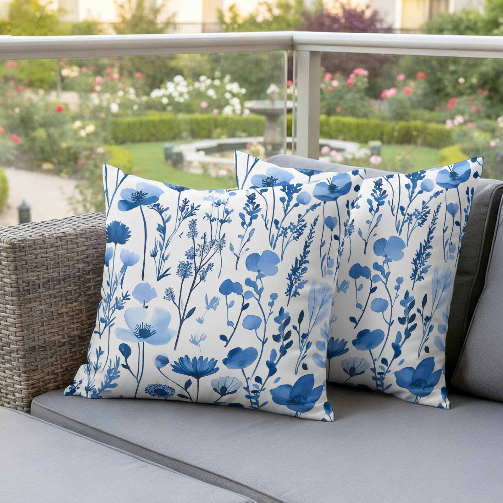 Spring Watercolor Pillow Covers 2 Pack Blue Flower Leaves Floral Pillowcase Waterproof Outdoor Throw Pillow Cover for Patio Garden Square Cushion 20”x20”