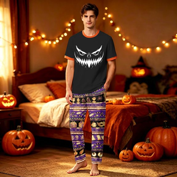Short Sleeve Family Matching Pajamas Halloween Scary Face Top Vintage Halloween Symbol Pattern Long Pants