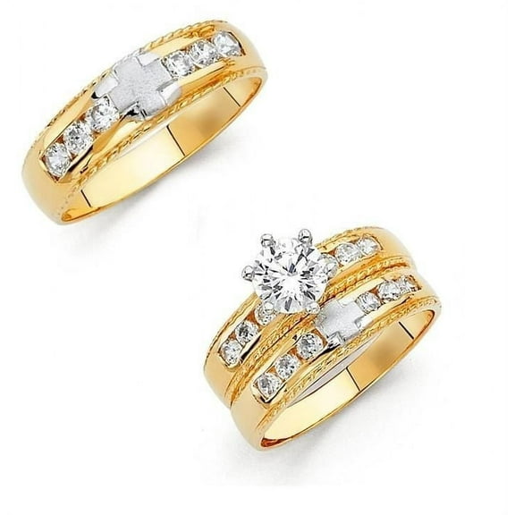 14k Two Tone Gold Satin Cross Rope Edge 1.40 ct CZ Wedding Band Ring Trio Set