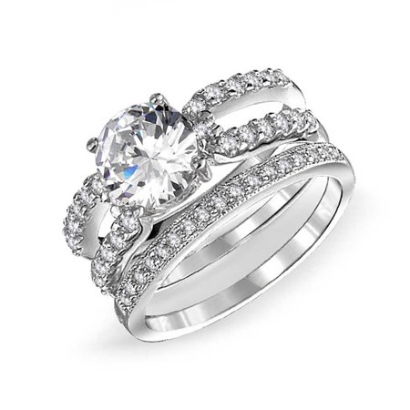 - 3CT Round Solitaire AAA CZ Pave Stackable Band Guard Enhancers Engagement 3Pcs Wedding Ring Set 925 Sterling Silver