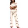 thumbnail image 6 of Women's Striped Two Piece Set, Crew Neck Top with Pocket and Drawstring Waist Wide Leg Pants, Cotton Linen Loungewear Set, Summer Casual Outfits for Women-Beige, 6 of 8